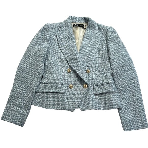Zara Tweed Blazer Jacket in Blue - Picture 1 of 4